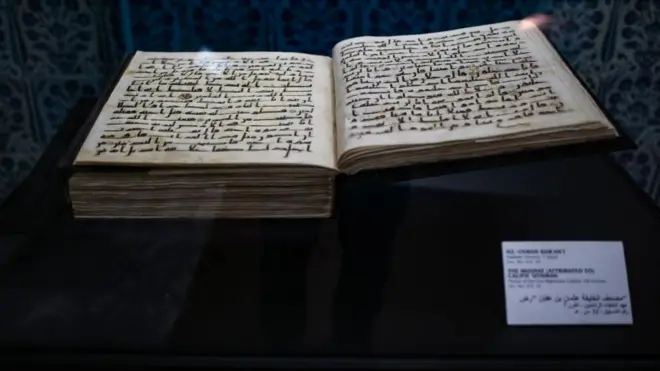 The Mushaf (attributed to) Caliph Uthman amongst the Sacred Trusts is displayed at the Destimal Chamber of Topkapi Palace on July 03, 2018 in Istanbul, Turkey.
