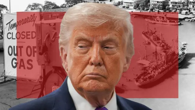 A composite image with US President Donald Trump prominent in the front and black-and-white pictures in the background of the Suez Canal being blocked by ships and a sign from 1973 oil crisis showing a petrol station out of gas.