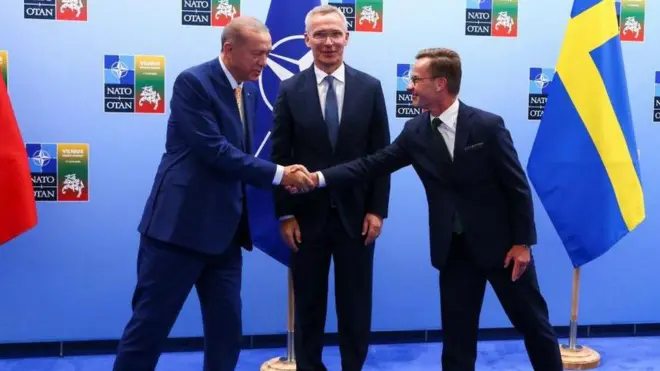 الرئيس التركي ورئيس وزراء السويد يتصافحان