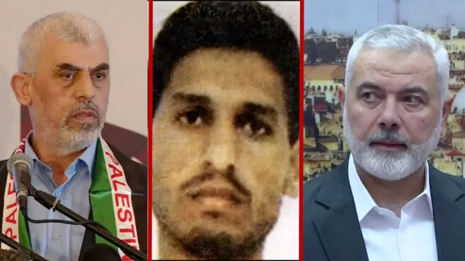 قادة حماس اسماعيل هنية ومحمد الضيف ويحيى السنوار