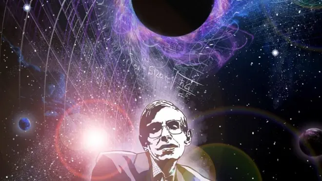 Ilustración de Stephen Hawking y el universo.