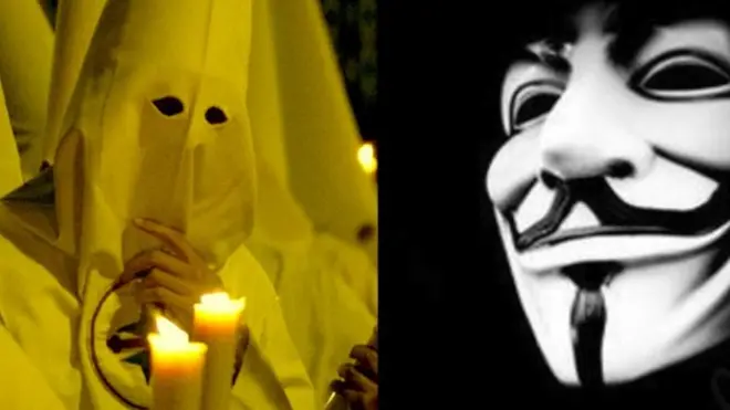 Composite image of KKK member in good and mask representing Anonymous hackers group