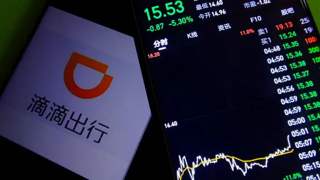 JULY 6, 2021 - A mobile phone shows the Didi Chuxing APP and its stock price, Yichang, Hubei Province, China, July 6, 2021.