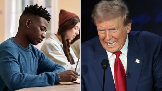 A black student writing with Trump by di side on red tie and opened mouth