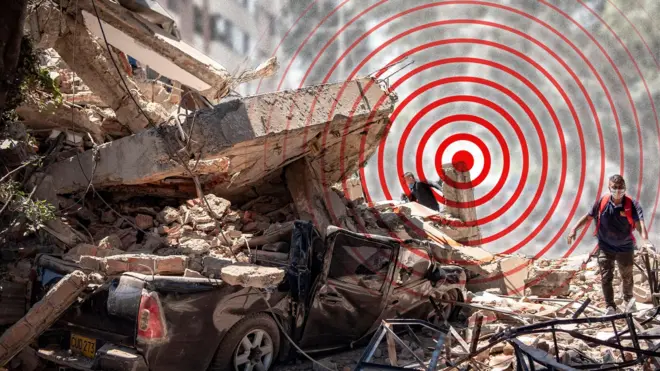 Imagen compuesta con la foto de un edificio derrumbado en el terremoto en Colombia y el dibujo de círculos concéntricos que indican ondas en expansión