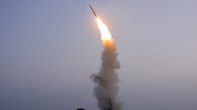 A newly developed anti-aircraft missile is seen during a test conducted by the Academy of Defence Science