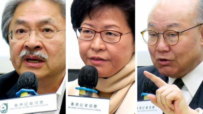 曾俊華（左）、林鄭月娥（中）、胡國興（右）（BBC中文網圖片10/3/2017）