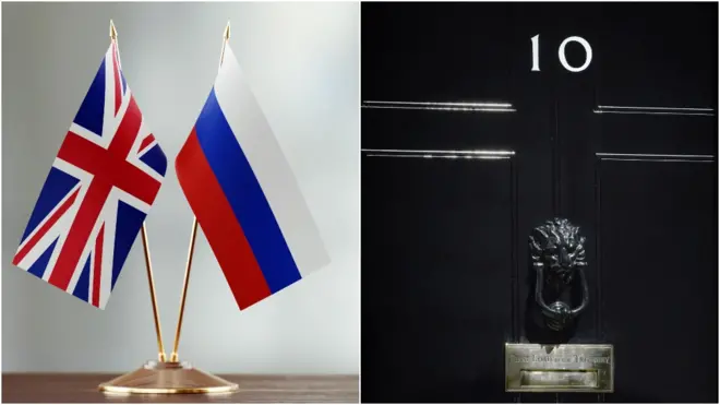 Флаги России и Британии и дверь в резиденцию британского премьер-министра