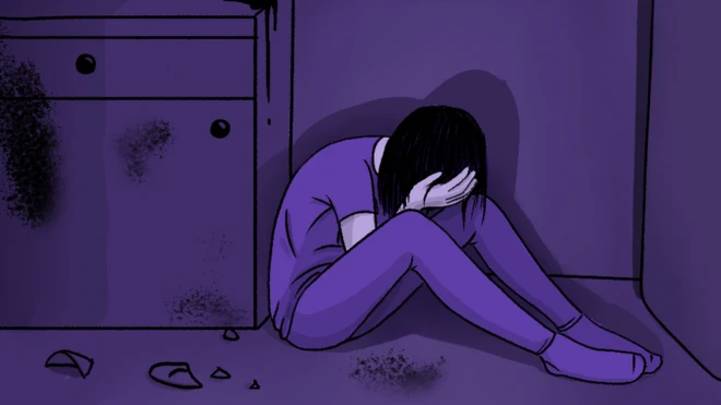 Illustration of a woman crying after smashing up her kitchen
