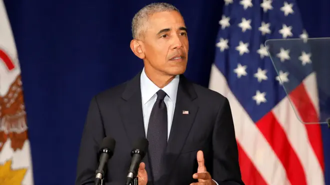 Former US President Barack Obama speaks at the University of Illinois Urbana-Champaign in Urbana, Illinois