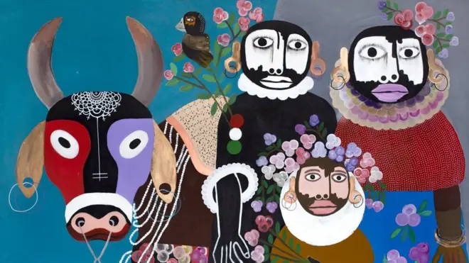 Un tableau figuratif de personnes avec une vache, un chien et un oiseau