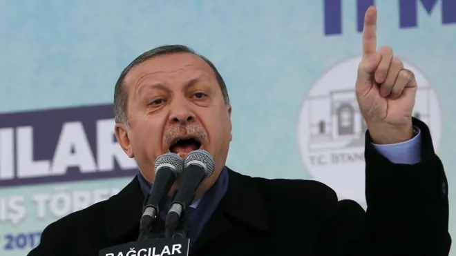 قال اردوغان في تجمع حاشد في اسطنبول "امنعوا وزير خارجيتنا من الطيران كما تريدون، ولكن من الآن، لنرى كيف ستهبط طائراتكم في تركيا"