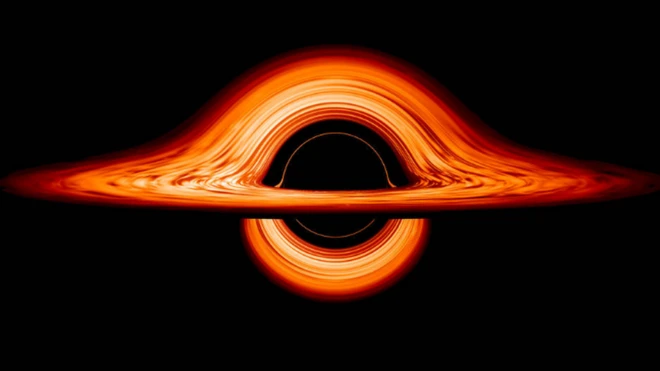 ภาพจำลองหลุมดำแบบที่มีจานพอกพูนมวลล้อมรอบ แรงโน้มถ่วงมหาศาลบิดงอลำแสงที่สะท้อนจากจานดังกล่าวให้เป็นรูปโค้งทั้งด้านบนและด้านล่าง