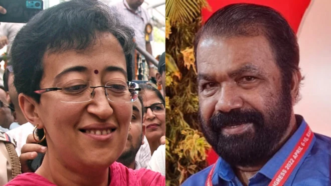 आम आदमी पार्टी (आप) की विधायक आतिशी और केरल के शिक्षा मंत्री वी शिवनकुट्टी