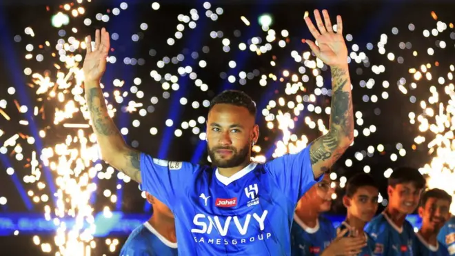 Neymar being unveiled with fireworks by Saudi club Al Hilal