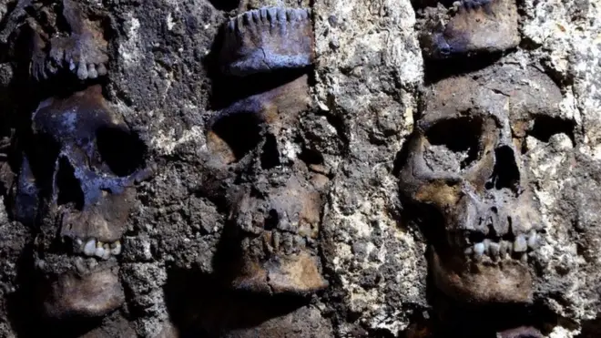 The tower of human skulls is believed to form part of the Huey Tzompantli