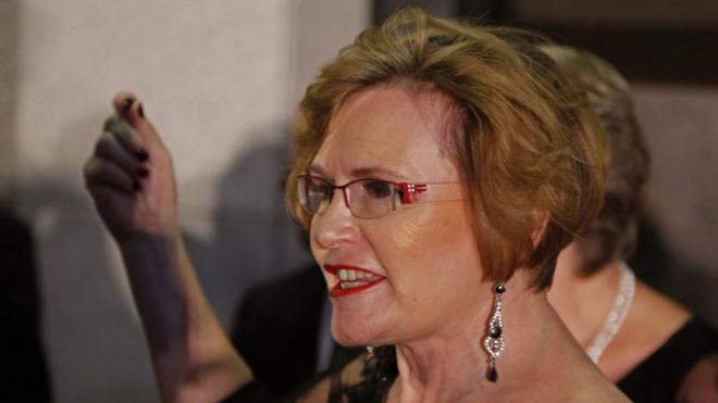 Helen Zille leaves the parliament in Cape Town on February 12, 2015