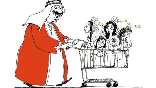 Kartunis perempuan asal Mesir, Doaa el-Adl menggambarkan kecenderungan pria-pria kaya tua menikahi gadis remaja.