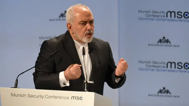 وزير الخارجية الإيراني السابق محمد جواد ظريف أثناء كلمته في مؤتمر ميونيخ الـ 55 للأمن. ألمانيا، في 17 فبراير/شباط 2019