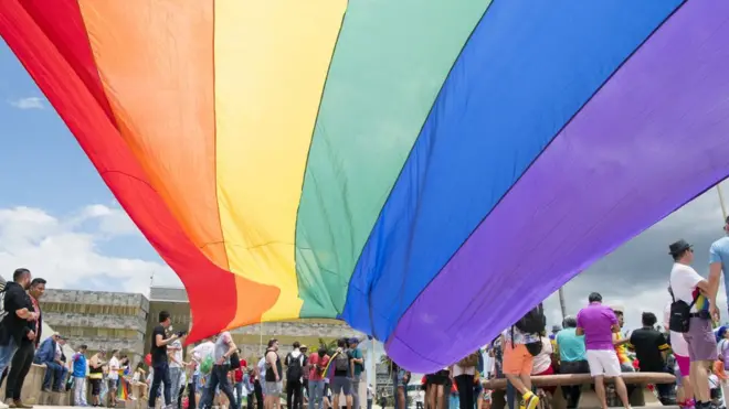 Protestors stand beneath a pride flag in breeze outside the court