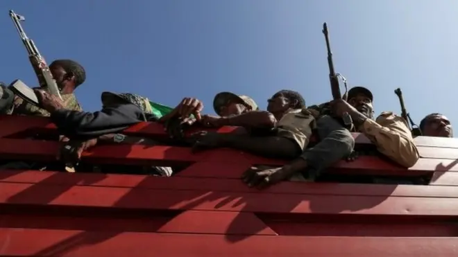 Troops ride in trucks to face soldiers loyal to the Tigray People's Liberation Front