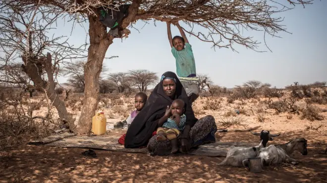 Mother Deeqa and her children find shade from the midday sun under a tree near their home in a rural area outside of Kiridh, Somaliland.