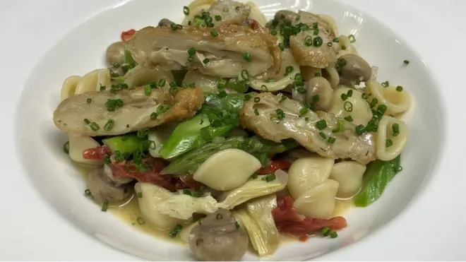 A pasta dish prepared using Eat Just cultivated chicken