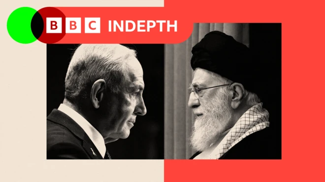 Promo image of Benjamin Netanyahu and Ali Hosseini Khamenei