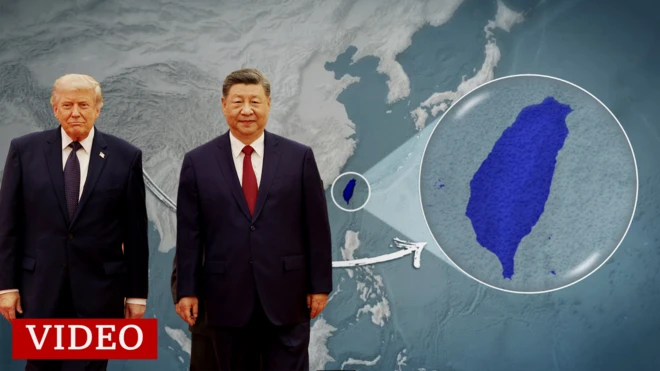 Un montaje en el que se ve a Donald Trump y a Xi Jinping sobre un mapa de Asia del cual sobresale Taiwán