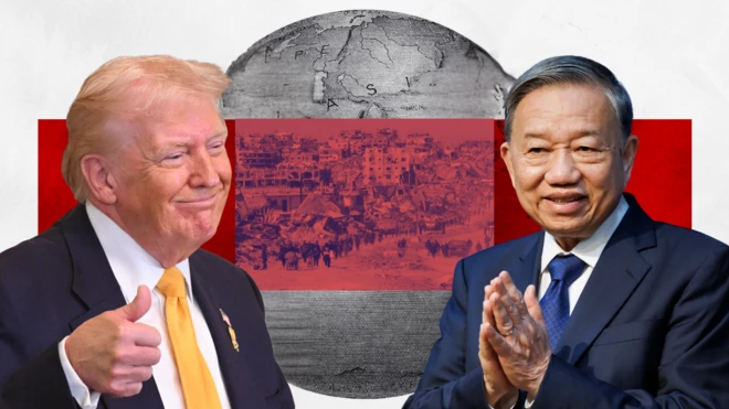 Ảnh thiết kế: Tổng thống Mỹ Donald Trump (trái) giơ ngón tay cái, Tổng Bí thư Tô Lâm (phải) đang vỗ tay. Phía sau là hình ảnh quả địa cầu và cảnh hoang tàn đổ nát ở Gaza 