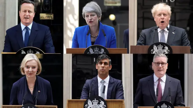 Fotos dos seis primeiros-ministros nos últimos 10 anos, todo eles falando em frente à sede do governo; a partir do topo à esquerda: David Cameron, Theresa May, Boris Johnson. Embaixo, da esq: Liz Truss, Rishi Sunak e Keir Starmer