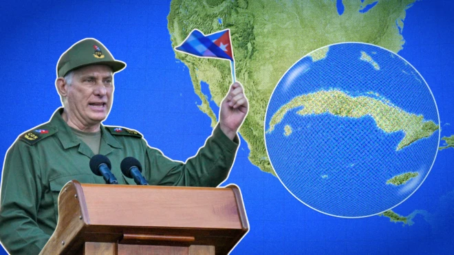 Ảnh thiết kế: Chủ tịch Cuba Miguel Diaz-Canel và bản đồ Cuba