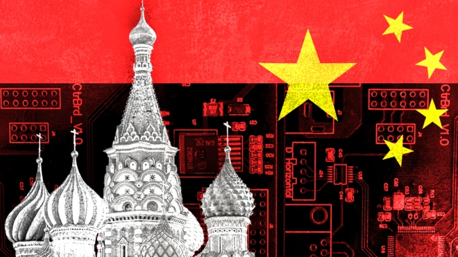 中國國旗、俄羅斯建築物及微晶片。