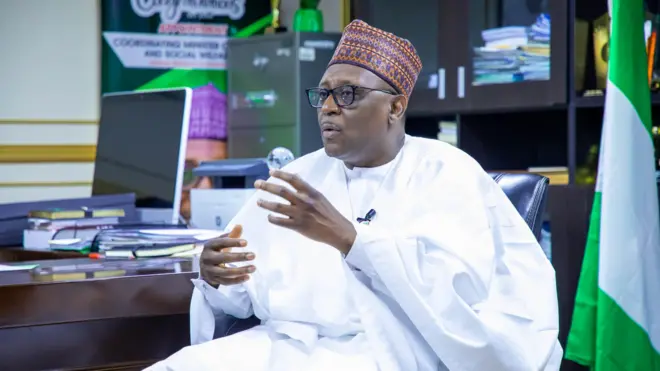 Foto of Prof. Muhammad Ali Pate, Minister of Health and Social Welfare for Nigeria wen im dey tok to BBC Pidgin for exclusive interview for Abuja, Nigeria capital.