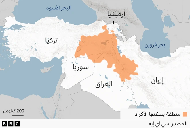خريطة تظهر المناطق التي يقطنها الكرد في إيران وتركيا والعراق وسوريا.