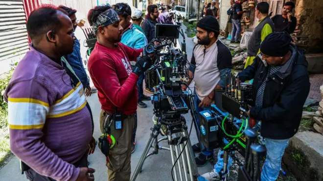 Crew members are in action as they set up the cameras to shoot Bollywood star Imran Hashmi's upcoming movie ''Ground Zero'' in Baramulla, Jammu and Kashmir, India, on April 21, 2024. (Photo by Nasir Kachroo/NurPhoto via Getty Images)