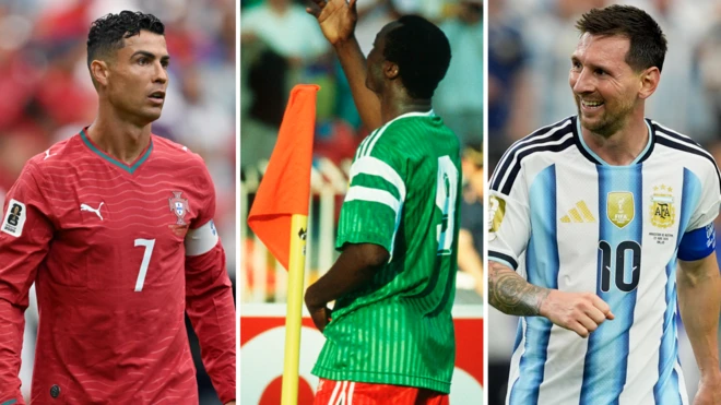 A composite triptych image made up of three vertical columns which show, from left to right: Cristiano Ronaldo in action for Portugal in a red shirt with white number seven on the chest; Cameroon's Roger Milla, with his face turned away from the camera, in green shirt and red shorts dancing next to a yellow corner flag at Italia 90; Lionel Messi in action for Argentina in a classic home kit with blue and white vertical stripes. Both Ronaldo and Messi appear to be looking in towards Milla in the middle of the image