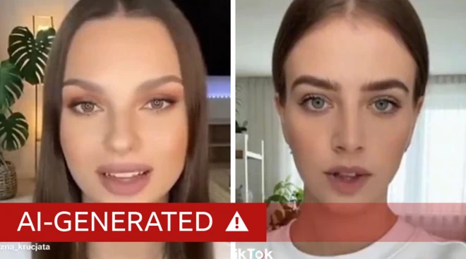 Коллаж из скриншотов видеороликов, сгенерированных ИИ: две женщины, смотрящие в камеру и разговаривающие в помещении, с наложенным сверху текстом «AI-GENERATED».