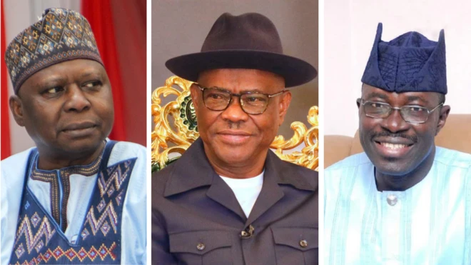 A collage of three men - Kabiru Turaki, Nyesom Wike and Taofeek Arapaja