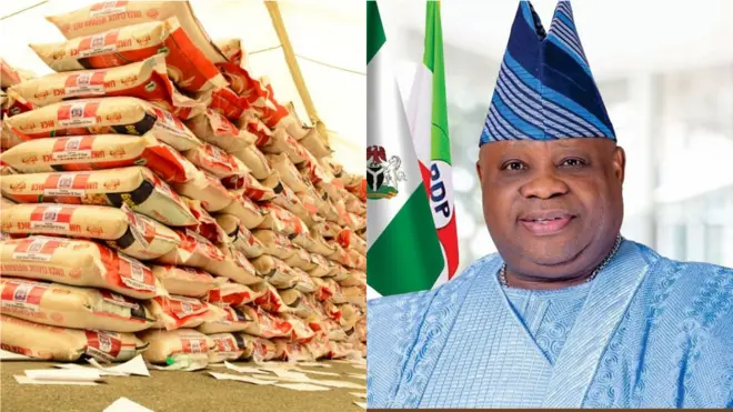 Aworan gomina Adeleke pẹlu akojọpọ awọn apo irẹsi 