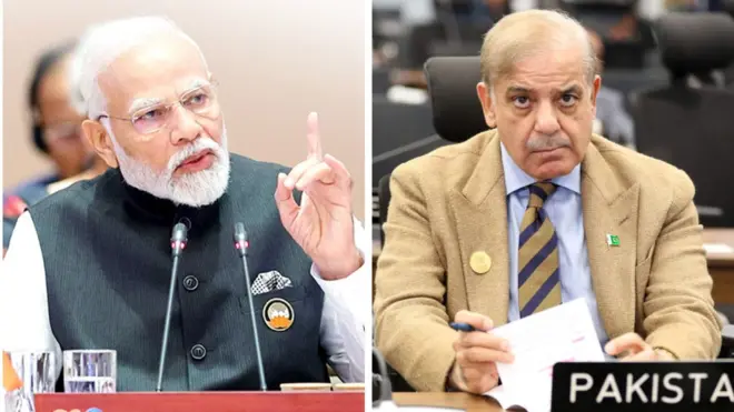 भारताचे पंतप्रधान नरेंद्र मोदी आणि पाकिस्तानचे पंतप्रधान मोहम्मद शाहबाज शरीफ
