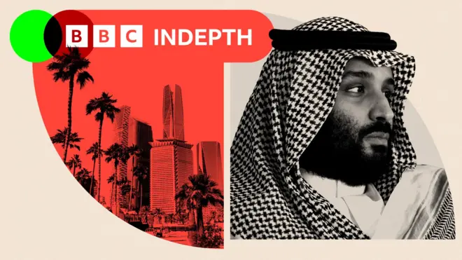 A black and white treated image showing skyscrapers on the left and a close-up shot of Mohammed bin Salman on the right. He is wearing traditional Saudi attire