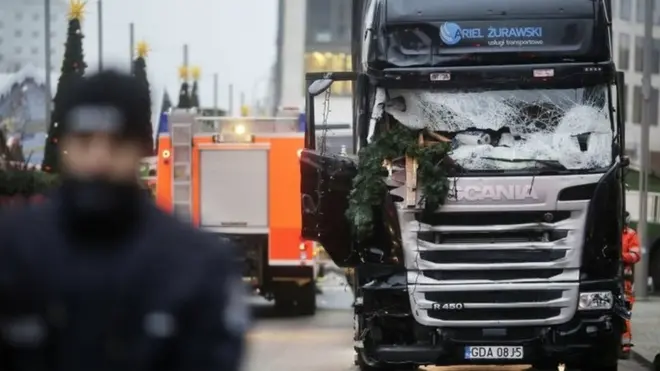 A truck which ran into a crowded Christmas market Monday evening killing several people Monday evening is seen in Berlin, Germany, on 20 December 2016.
