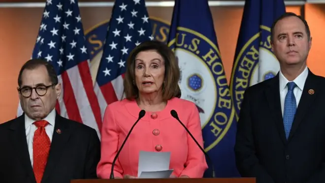 Democrats Jerry Nadler, Nancy Pelosi and Adam Schiff (right) criticised Trump's "crimes"