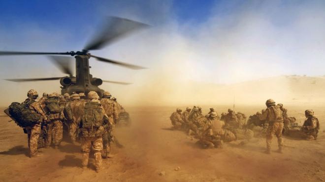 a RAF CH47 Chinook waits in Afghanistan