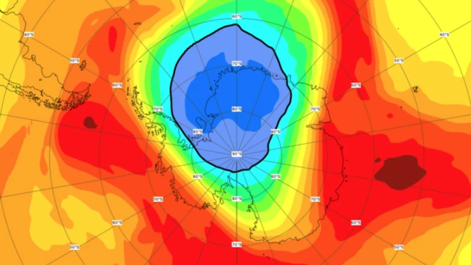 The ozone hole (dark blue) will close completely in the coming weeks
