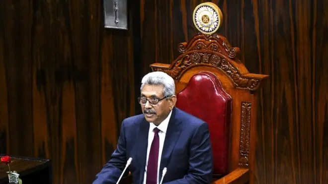Sri Lanka's President Gotabaya Rajapaksa speaks at the national Parliament session in Colombo on August 20, 2020. - Sri Lanka's new parliament opened its first session on August 20 with a murderer and an accused killer among its ranks after a sweeping election victory by the ruling Rajapaksa brothers. (Photo by ISHARA S. KODIKARA / AFP) (Photo by ISHARA S. KODIKARA/AFP via Getty Images)