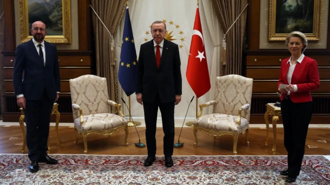 Avrupa Komisyonu Başkanı Ursula von der Leyen ve AB Konseyi Başkanı Charles Michel, Cumhurbaşkanı Recep Tayyip Erdoğan ile bir araya geldi