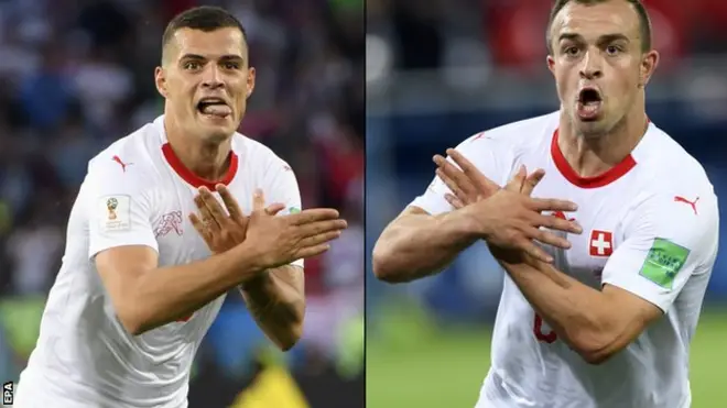 Xhaka (kiri) dan Xherdan Shaqiri merupakan warga keturunan Albania dari Kosovo.