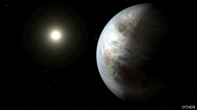 (ภาพจากฝีมือศิลปิน) ดาวเคปเลอร์ 452b มีความคล้ายคลึงเหมือนคู่แฝดของโลก และอาจมีมหาสมุทรบนพื้นผิวดาวด้วย